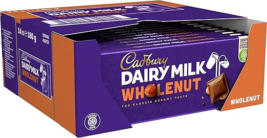 Молочный шоколад Cadbury с цельными орехами, Dairy Milk – сливочный молочный шоколад с кусочками цельных фундуков – восхитительная сладость и насыщенный вкус – цельные орехи, 14 x 180 г