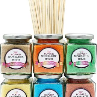 Сахар для сахарной ваты, 6 x 175 г, в банке для аппарата для сахарной ваты, в комплекте 50 палочек для сахарной ваты, высококачественный цветной ароматизированный сахар.