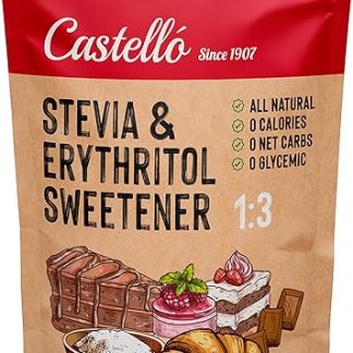 Стевия + эритритол, подсластитель 1:3 1 г = 3 г сахара Подсластитель со 100% натуральным ароматизатором - 0 калорий - 0 гликемический индекс - Кето и палео - 0 чистых углеводов - Без ГМО - Castello с 1907 года - 850 г