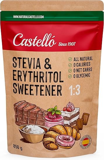 Стевия + эритритол, подсластитель 1:3 1 г = 3 г сахара Подсластитель со 100% натуральным ароматизатором - 0 калорий - 0 гликемический индекс - Кето и палео - 0 чистых углеводов - Без ГМО - Castello с 1907 года - 850 г
