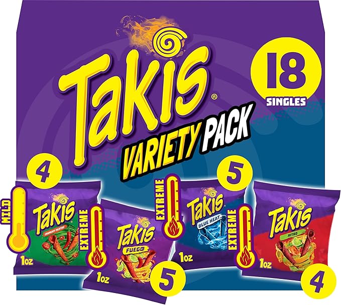 Набор чипсов Takis, 18 шт. / 28 г, разные вкусы: (5) Fuego 28 г, (5) Blue Heat 28 г, (4) Nitro 28 г, (4) хрустящие фахитас 28 г