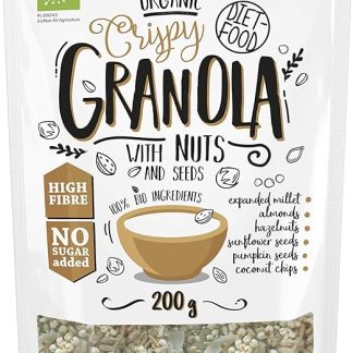 DIET-FOOD Nuts Granola Органические хрустящие мюсли с орехами и семенами, с высоким содержанием клетчатки, без глютена, гранола для завтрака, мюсли, низкоуглеводная, закуска без добавления сахара, 200 г, 1 шт.