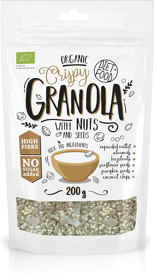DIET-FOOD Nuts Granola Органические хрустящие мюсли с орехами и семенами, с высоким содержанием клетчатки, без глютена, гранола для завтрака, мюсли, низкоуглеводная, закуска без добавления сахара, 200 г, 1 шт.