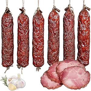 Kiełbasa Królewska Dry - Домашняя вяленая свиная колбаса, маринованная в травах и копченая традиционным способом - домашняя колбаса ручной работы из больших кусков ветчины (600 г)