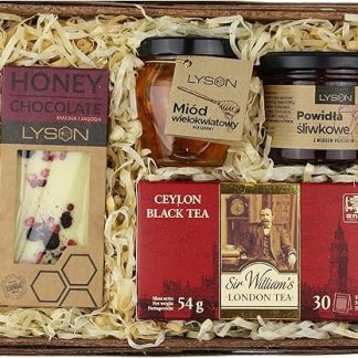 Подарочная корзина с чаем, шоколадом Łysoń, медом и джемом.
